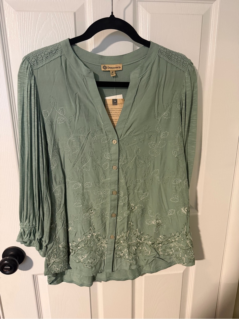 Democracy Light Sage Green Embroidered Button-Front Blouse